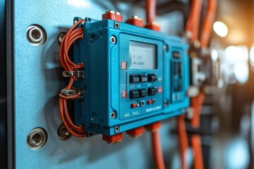 Close-up of a Blue Electrical Control Panel with Red Wires and a Display