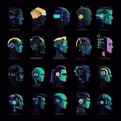 Poster - Futuristic Heads with Digital Interfaces and Technology