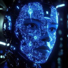 Poster - Futuristic Robot Face with Neon Circuit Patterns