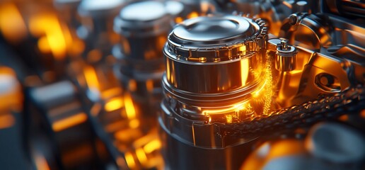 Fototapete - Close-up of a shiny metal engine with glowing orange light.