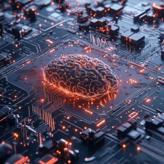 Poster - Futuristic Brain on Circuit Board Technology