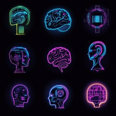 Poster - Neon Digital Art of Brain and AI Concepts