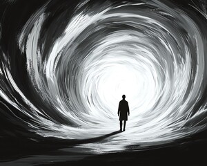 Silhouette of a solitary figure journeying towards a bright light within an abstract tunnel of swirling white lines, symbolizing hope and transformation, engaging visual style