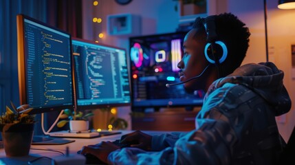 Poster - Programmer coding on a computer with lines of code displayed on the screen