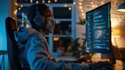 Poster - Programmer coding on a computer with lines of code displayed on the screen