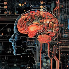 Poster - Futuristic Brain with Digital Circuitry Design