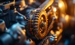 © VINA - Close-up of a shiny, metallic timing belt and gears inside an engine.