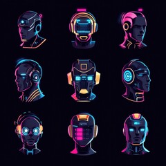 Poster - Futuristic Robot Heads in Neon Style Design