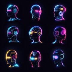 Poster - Futuristic Neon Head Profiles in Dark Background