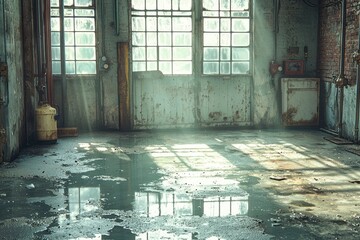 Wall Mural - Abandoned Industrial Interior with Puddles and Sunbeams