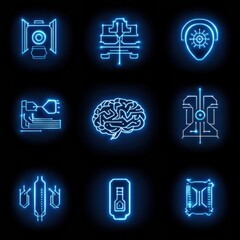 Poster - Futuristic Neon Icons Set on Dark Background