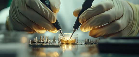 Poster - Close-up of hands in white gloves soldering a circuit board with a soldering iron.