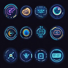 Poster - Futuristic Neon Icons Set on Dark Background