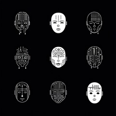 Poster - Abstract Faces with Digital Patterns on Black Background