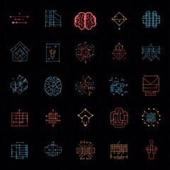 Poster - Geometric Patterns and Icons on Black Background