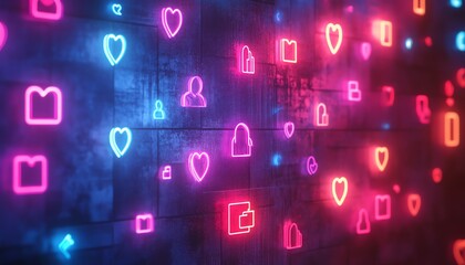 Colorful neon signs featuring profile icons linked together, concept of social networking, bright and engaging designs, modern aesthetic, glowing against a dark background