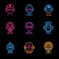 Poster - Neon Illustrations of Futuristic Robot Heads