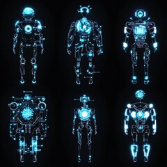 Poster - Futuristic Robots with Neon Glow on Black Background