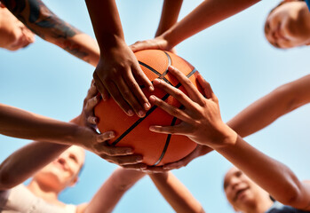 Wall Mural - Basketball, hands and people with ball for fitness, support or motivation in outdoor activity or teamwork. Sports game, huddle and group of athletes in low angle for practice, exercise or training