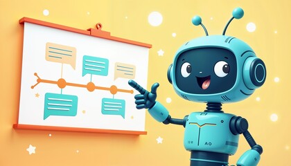 Cute robot with friendly expression pointing at timeline with future events on simple tech background