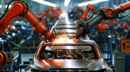 Aufkleber - Hightech robotic arms work in an advanced automobile production line, performing precision welding on car frames in a modern factory. The image showcases industrial automation efficiency