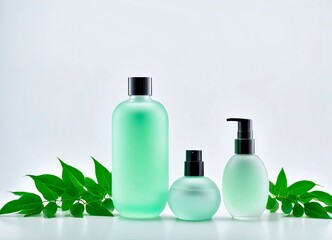 Wall Mural - Cosmetic set on a white table with green leaves. Bottles for skin care on display with cosmetics