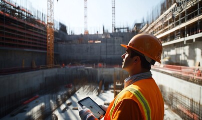 Poster - Construction worker in a hard hat and safety vest, looking at a tablet on a construction site.