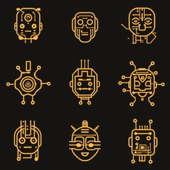 Poster - Vector Robot Faces Collection on Dark Background