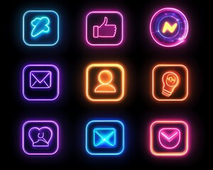 Poster - Dynamic neon profile icons connected, symbolizing social networking, colorful and luminous design, modern digital theme, dark background for striking contrast