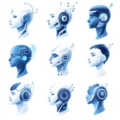 Poster - Futuristic Robot Heads with Headsets and Technology Elements