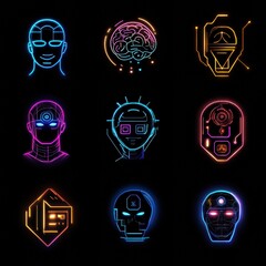 Poster - Neon Futuristic Icons of Artificial Intelligence and Robotics