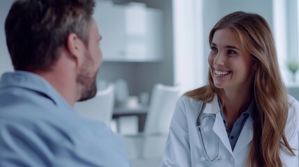 Poster - A friendly doctor consults with a patient in a modern medical office, emphasizing trust and communication in health management. The healthcare professional is smiling, creating a positive atmosphere