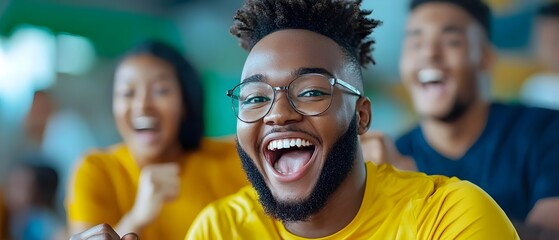 Excited group of friends cheering clapping and shouting while watching a televised soccer match and celebrating a goal together in a cozy living room setting