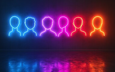Poster - Neon signs showcasing interconnected profile icons, symbolizing social networking, bright and bold colors, modern graphic design, glowing effect on a dark backdrop