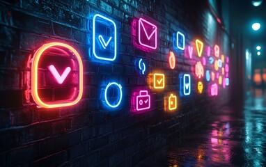 Poster - Neon signs showcasing interconnected profile icons, symbolizing social networking, bright and bold colors, modern graphic design, glowing effect on a dark backdrop