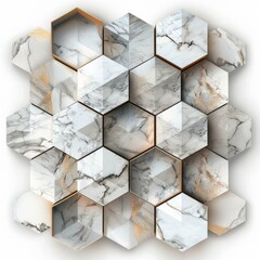 Poster - White marble hexagon tiles with gold veins forming an abstract geometric pattern, creating a luxurious and modern design concept