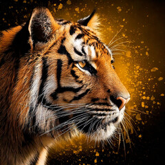 Wall Mural - view of a tiger, black and gold spots background digtal art
