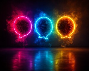 Three glowing neon speech bubbles, colorful yellow, blue, and pink, contrasting dark background, modern communication icons, bright and vibrant digital art