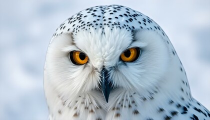 Close-up of female snowy owl with striking yellow eyes set against a snowy scene