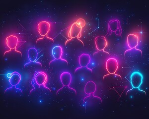 Poster - Vibrant neon profile icons linked together, representing social connections, contemporary design, colorful illumination, dark background, engaging digital artwork