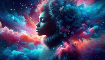 surreal abstract black woman vibrant colored landscape wearing a crown made of milky way galaxy nebu