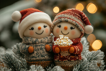 Cheerful holiday tree ornament featuring two smiling snowmen dressed in cozy winter attire holding popcorn in a festive setting