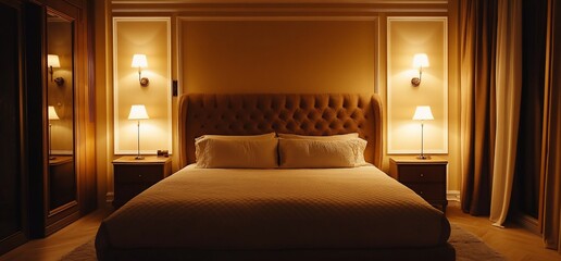 Poster - Luxurious hotel bedroom with a king-size bed and warm lighting.