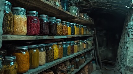  Old cellar with shelves full of dusty glass jars, each filled with homemade pickles, jams, and preserves.