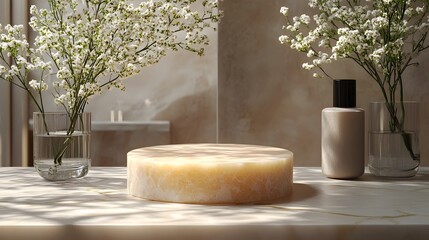 Aufkleber - Elegant marble podium with a soft neutral background perfect for showcasing and displaying cosmetic packaging and beauty products in a minimalist sophisticated setting