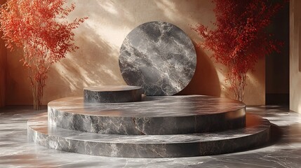 Poster - Stylish and minimalist marble podium providing a sophisticated platform to showcase luxury cosmetic products  The compact design and neutral background create a clean and elegant display