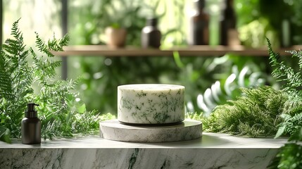Poster - Elegant marble podium set against a serene natural green background with soft foliage details