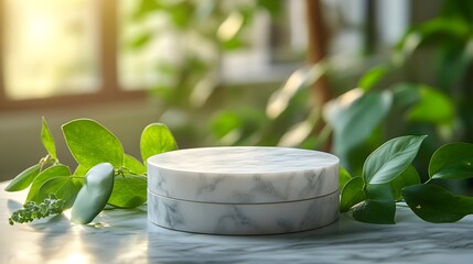 Poster - Elegant Marble Podium Showcasing Luxury Cosmetic Products in Serene Natural Environment with Blurred Green Foliage Background