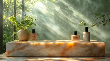 Poster - Beautifully crafted marble podium with soft natural sunlight filtering through lush greenery in the background creating an inviting and serene setting to showcase premium beauty products
