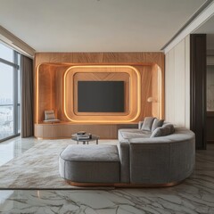 Wall Mural - Luxurious Living Room Interior with Modern Design, LED Lighting, and Geometric Shapes